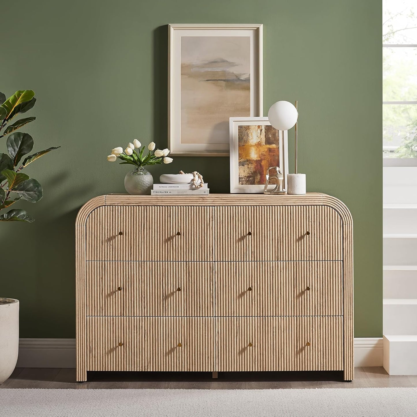 T4TREAM Fluted 6 Drawers Dresser for Bedroom, 54" Wide Modern Chest of Drawers with Thickened Curved Profile Design, Wood Dressers TV Stand for Bedroom, Living Room, Hallway, Natural Oak