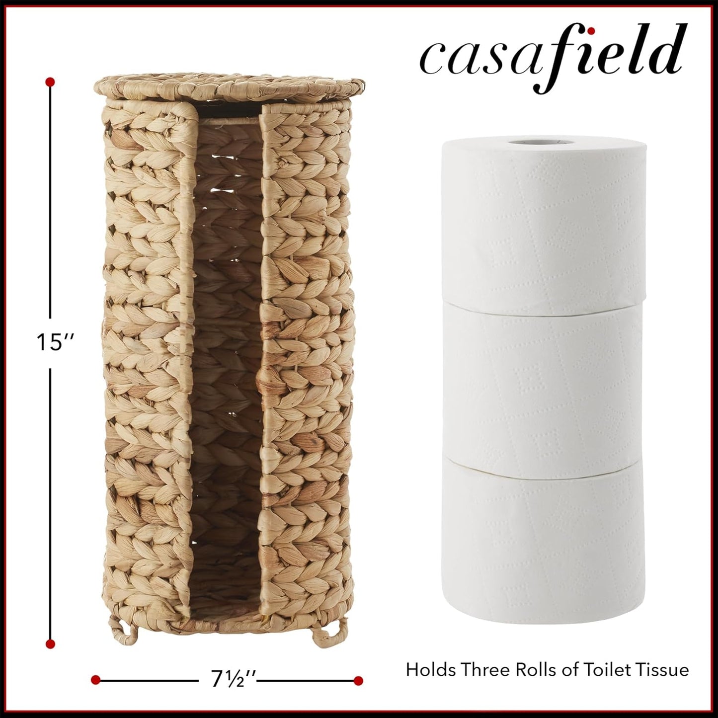 Casafield Free Standing Toilet Paper Storage Roll Holder with Lid - Natural, Fits 3 Rolls, Water Hyacinth Bath Tissue Organizer for Bathroom