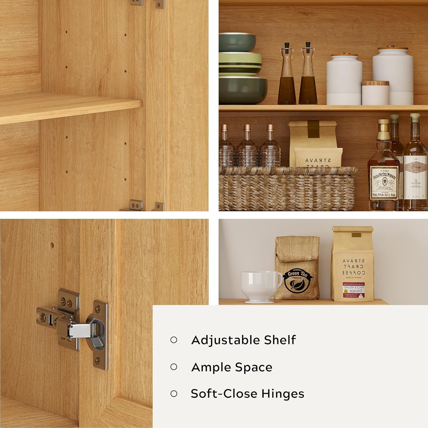 Bathroom Wall Cabinets Set of 2 Wall Mounted Storage Cabinet with Adjustable Shelves Floating Cupboard Kitchen Organizers Pantry Cabinet for Living Room, Laundry Room, Natural Oak