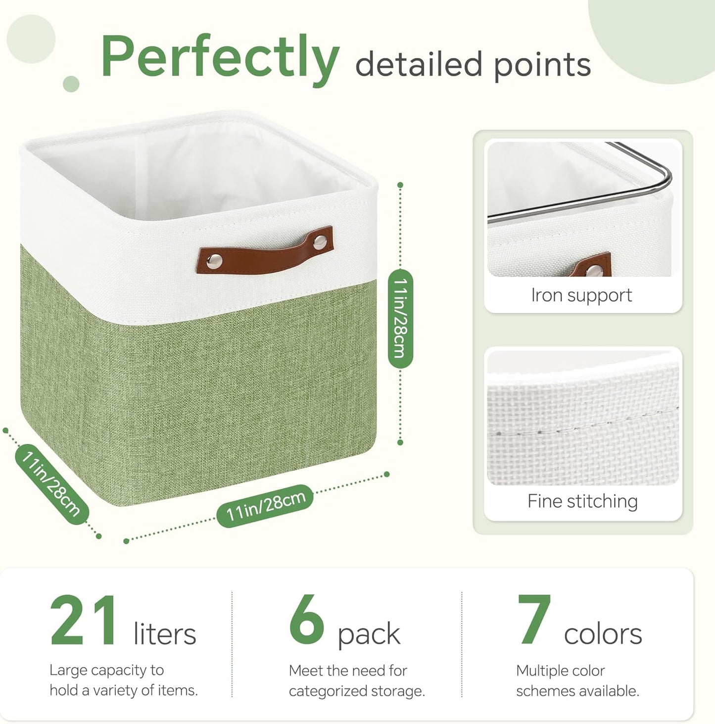 Cube Storage Baskets 6 Pack, 11x11 inch Foldable Cube Storage Bins with Leather Handles for Shelf Closet Nursery Toys (White/ Green)