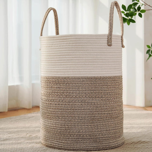 Large Woven Laundry Basket Hamper,80L Cotton Rope Storage Bin for Blankets,Toys and Clothes,Decorative Tall Nursery Hamper for Living Room,Baby Nursery,Bathroom and Bedroom,Brown