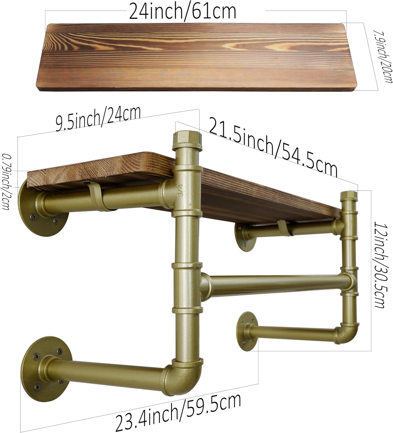 WEBI Wall Mounted Clothes Rack with Shelf,24" Industrial Pipe Clothing Rack with Shelf with Hanging Rod,Heavy Duty Iron Garment Rack Bar,Retail Display Clothes Rod for Laundry Room,Closet,Gold