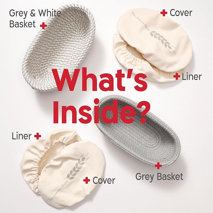 KneadAce Cotton Rope Banneton Bread Proofing Basket Set, 2 x Oval Bread Basket with Liners & Covers for Artisan Bread Baking, Sourdough Bread Baking Supplies