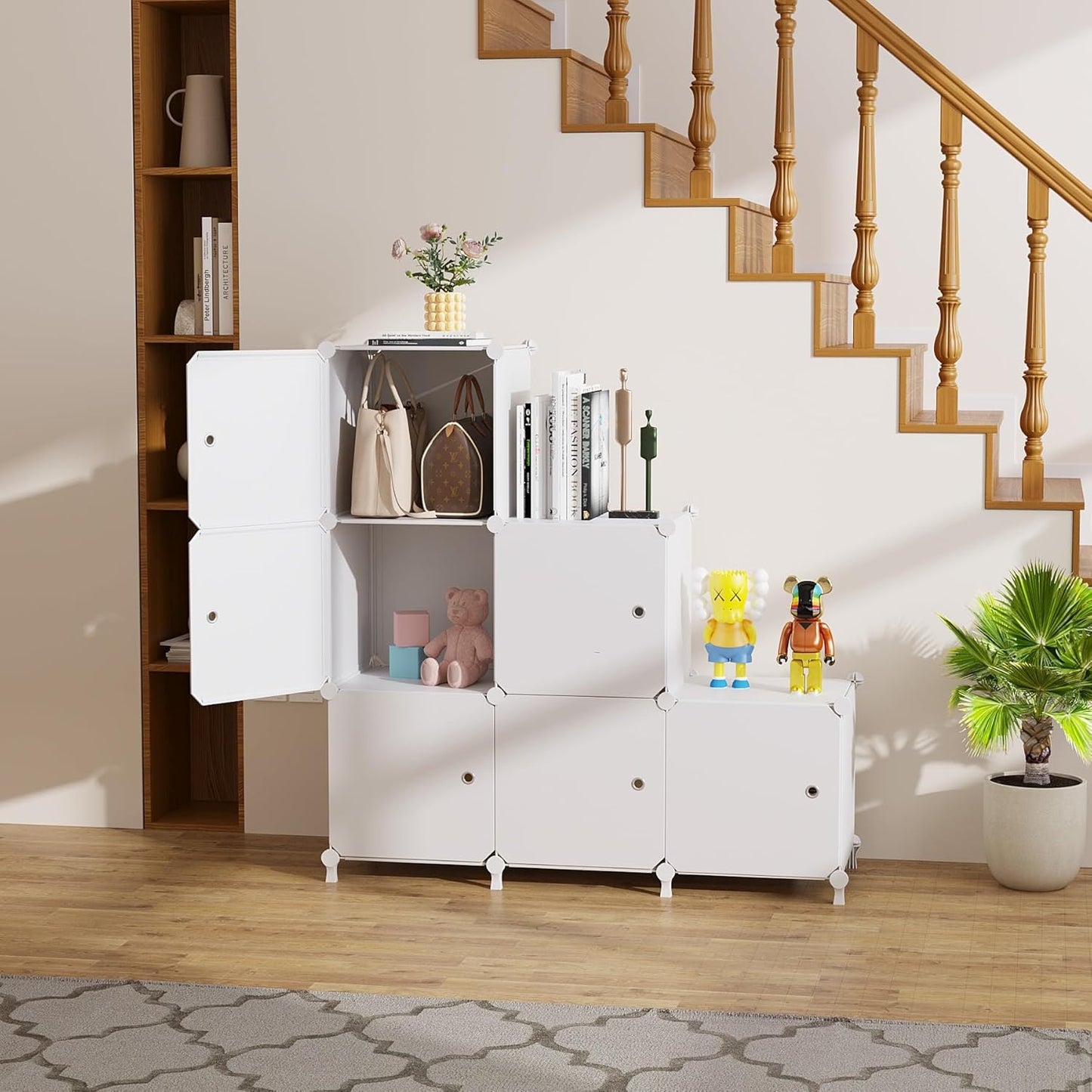 Cube Storage Organizer, 6-Cube Shelves Unit with Doors, DIY Stackable Plastic Clothes Organizer for Bedroom and Under Stairs Storage Unit, Each Compartment 30 x 30 x 30 cm White ATTSL6002