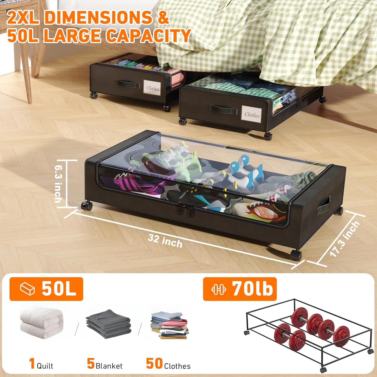 Under Bed Storage with Wheels, 4-Pack Under Bed Storage Containers with Clear Lids, XXL 60L Under the bed storage Organizer Bins, Rolling Under Bed Metal Drawer for Clothes,Shoes,Toys (Black)