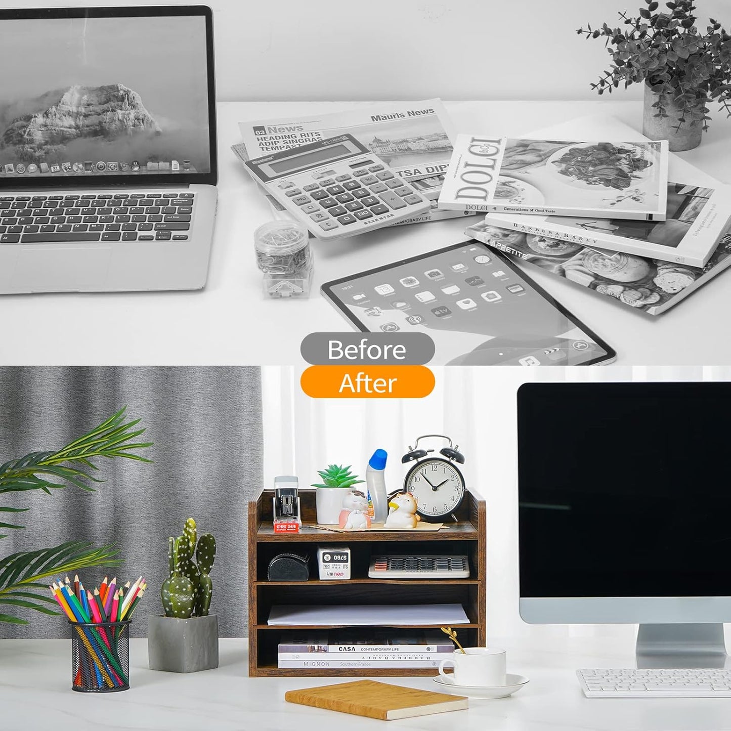 Snughome Vintage Wood File Organizer Desktop, 13.7‘’ Document Letter Mail Tray Sorter with 3 Adjustable Shelves, Wooden Desktop Paper File Sorter Holder for School Home Office Supplies (Rustic Brown)