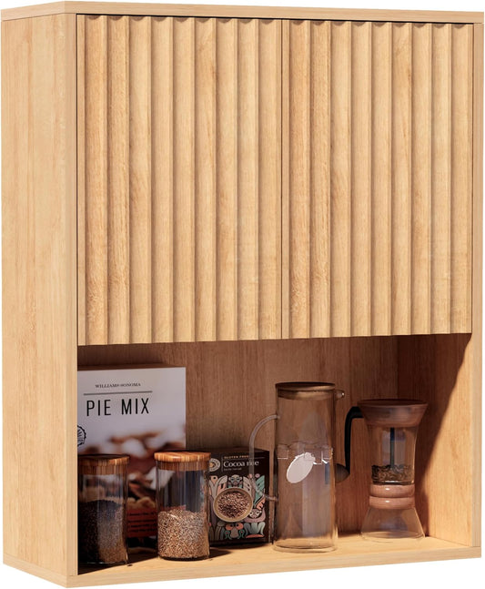 Fluted Bathroom Wall Cabinet,Medicine Cabinet with Adjustable Shelf,Over The Toilet Storage Cabinet for Laundry,Hanging Cabinet,Kitchen and Living Room Cabinets (Oak)