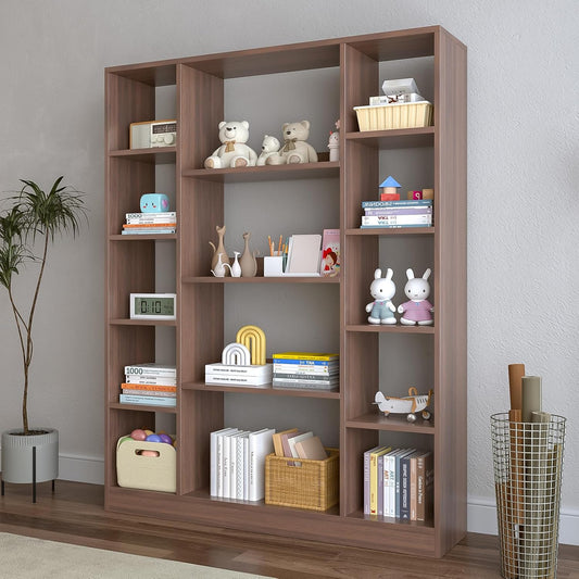 Cube Storage Bookcase with Base - Large Wooden Bookshelf with 10 Open Cubes and 4 Shelves for Home and Office, Freestanding Organizer, Walnut