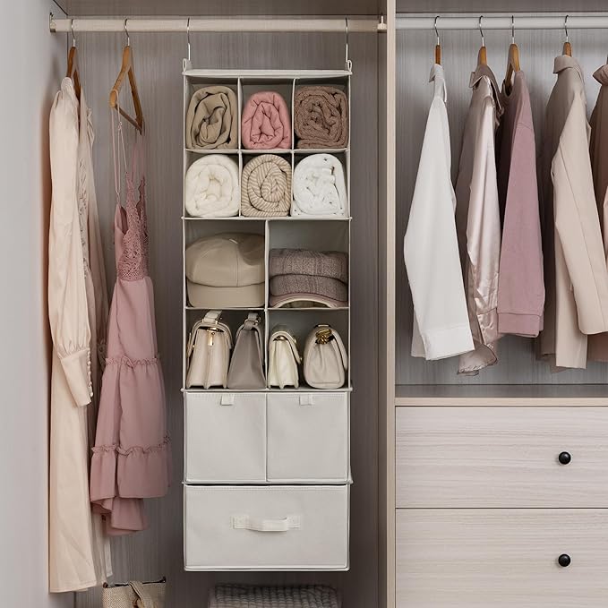 GRANNY SAYS Hanging Closet Organizer with Drawers, 6 Shelf Dividers Closet Hanging Organizer, Portable Foldable Hanging Shelves for Closet, Dorm Room, Bedroom, Kids Room, Beige