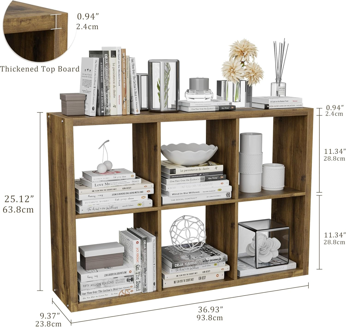 Cube Storage Organizer Bookcase, Decorative 11 inch Open Back Cubical Shelf with Thickened Border, Display Bookshelf for Living Room, Home Office, Sturdy Room (Brown, 6 Cube)