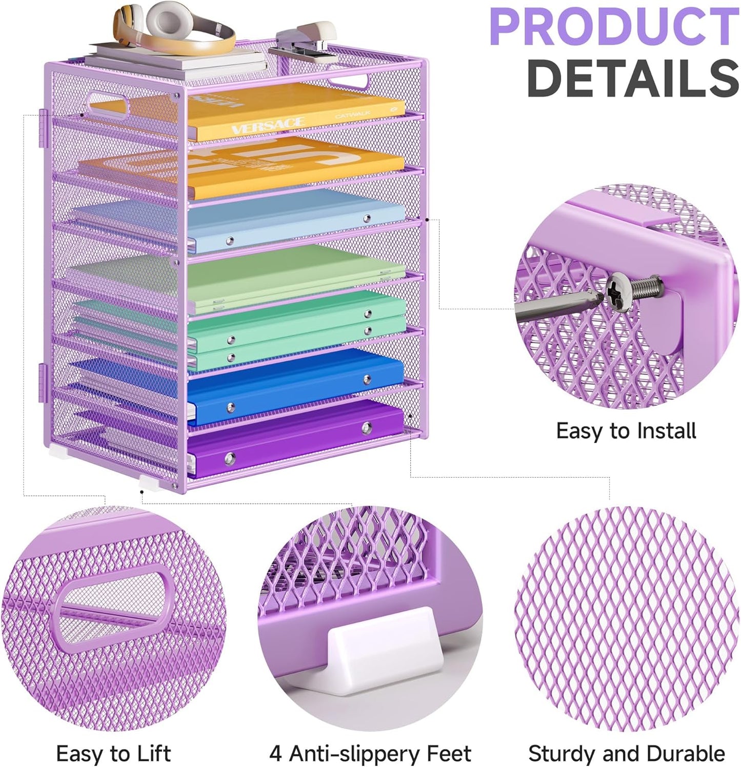 8 Tier Paper Organizer with Handle, Metal Mesh Desk File Organizer, Large Capacity Desk Organizers Paper Letter Tray Desktop Document Sorter for Office, Home or School - Purple
