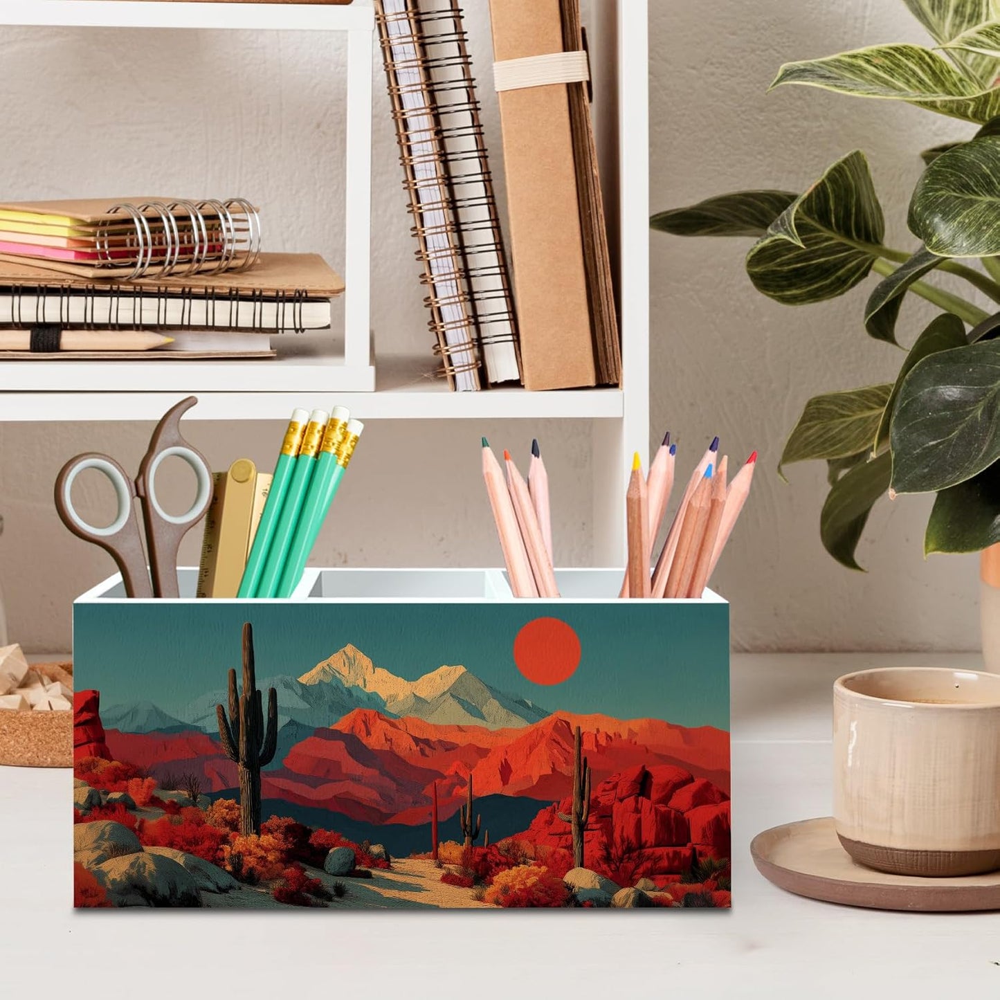 DILSJ Western Boho Pen Pencil Holder Organizer for Desk, Boho Office Decor, Western Mountain Desert Cactus Landscape Wooden Box Signs for Home Office Desk Tabletop Decoration