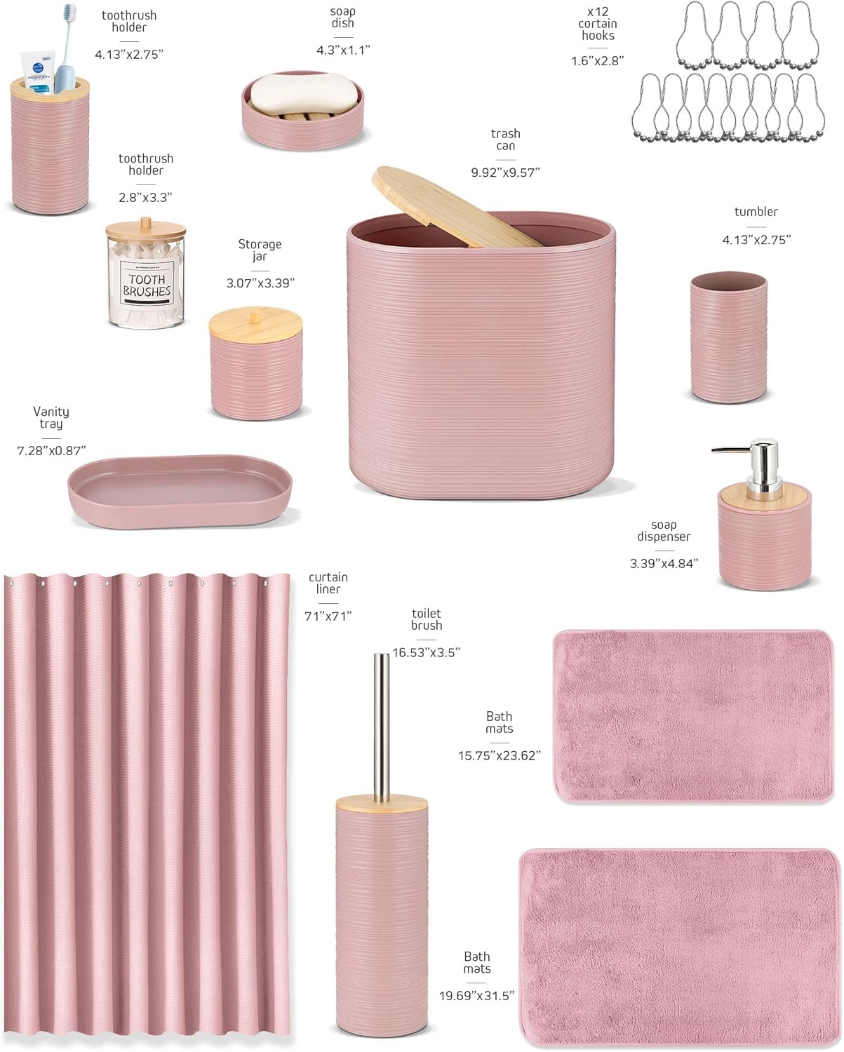 IMAVO Pink Bathroom Set,26Pcs Bathroom Accessories Set with Waffle Shower Curtain,Rugs,Trash Can,Tray,Soap Dispenser,Soap Dish,Toothbrush Holder,Toothbrush Cup,Toilet Brush Holder and Qtip Holders