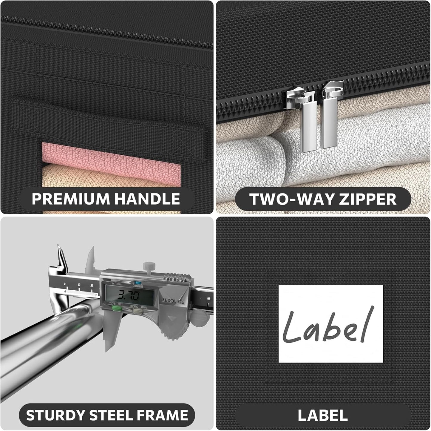 3Pack Frame Storage Box - Clothes Storage Bin Bags Oxford Fabric Foldable Stackable Container Organizer Set with Clear Window & Carry Handles (Black, Large-66L)