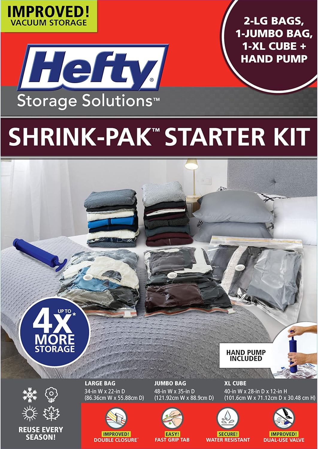 Hefty Shrink-Pak Starter Kit - 2 Large, 1 XL Cube, 1 Jumbo Vacuum Seal Storage Bag and Hand Pump – Space Saver Bags for Clothing, Pillows, Towels, or Blankets, 5 Pc Set