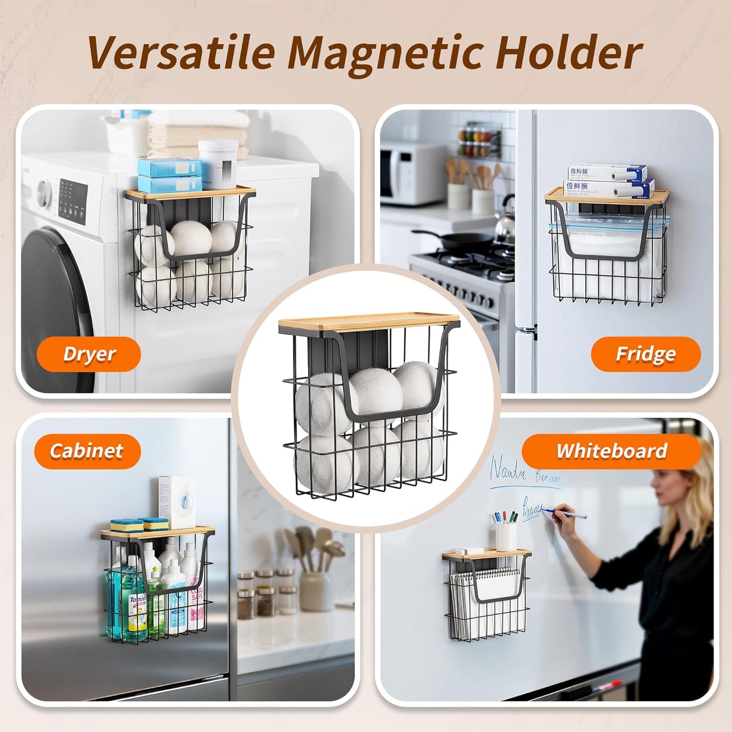 Magnetic Dryer Ball Holder - Black Basket for Laundry Room Organization and Storage with Bamboo Top - Magnetic Lint Bin Suitable for Washer and Dryer / Fridge / Whiteboard (No Balls)