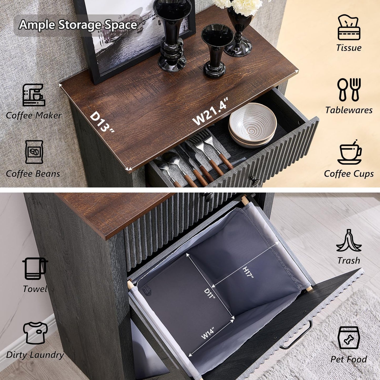 Modern Tilt-Out Laundry Hamper Cabinet, 10 Gallon Fluted Trash Can Cabinet with Drawer, Wooden Hidden Garbage Can Cabinets with Laundry Basket, Free Standing for Bathroom and Kitchen, Grey