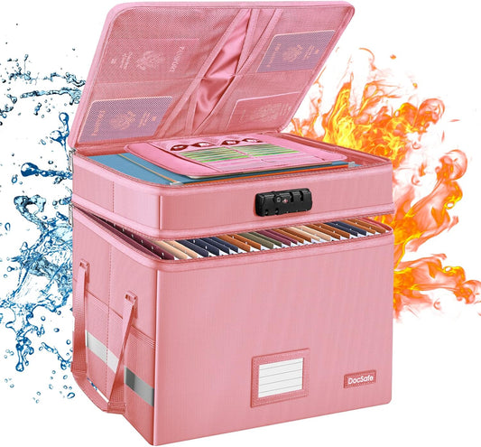 DocSafe File Box with Lock,Multi-Layer Fireproof Document Box Collapsible File Storage Organizer with Pockets/Handle,Large Portable Home Office Filing Safe for Hanging Letter/Legal Size Folders,Pink