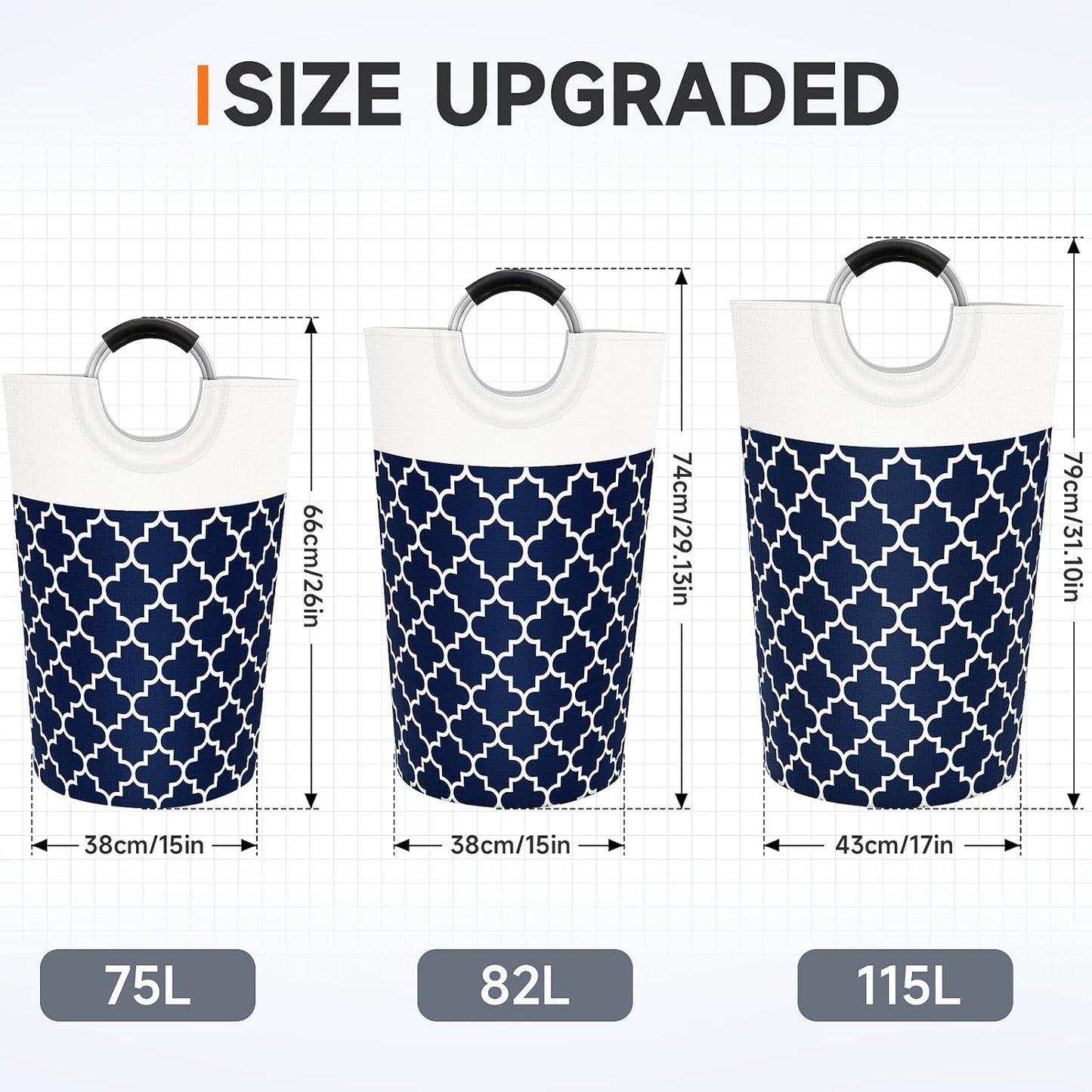 Large Laundry Basket Laundry Hamper Bag Washing Bin Clothes Bag Collapsible Tall With Handles Waterproof Travel Bathroom College Essentials Storage For College Dorm, Family (Blue)75L