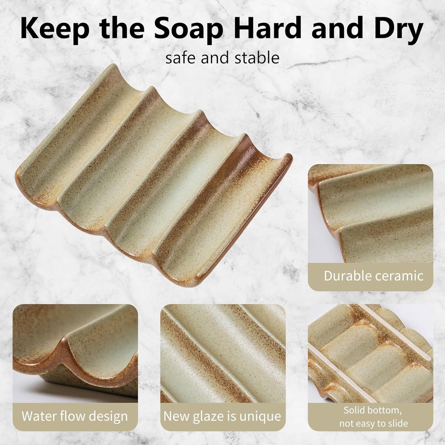 Soap Dish with Drainage, Ceramic Soap Bar Holder Tray for Shower Decorative Square Soap Saver for Bathroom Sink, Kitchen and Countertop White, Retro Green 1 Pcs