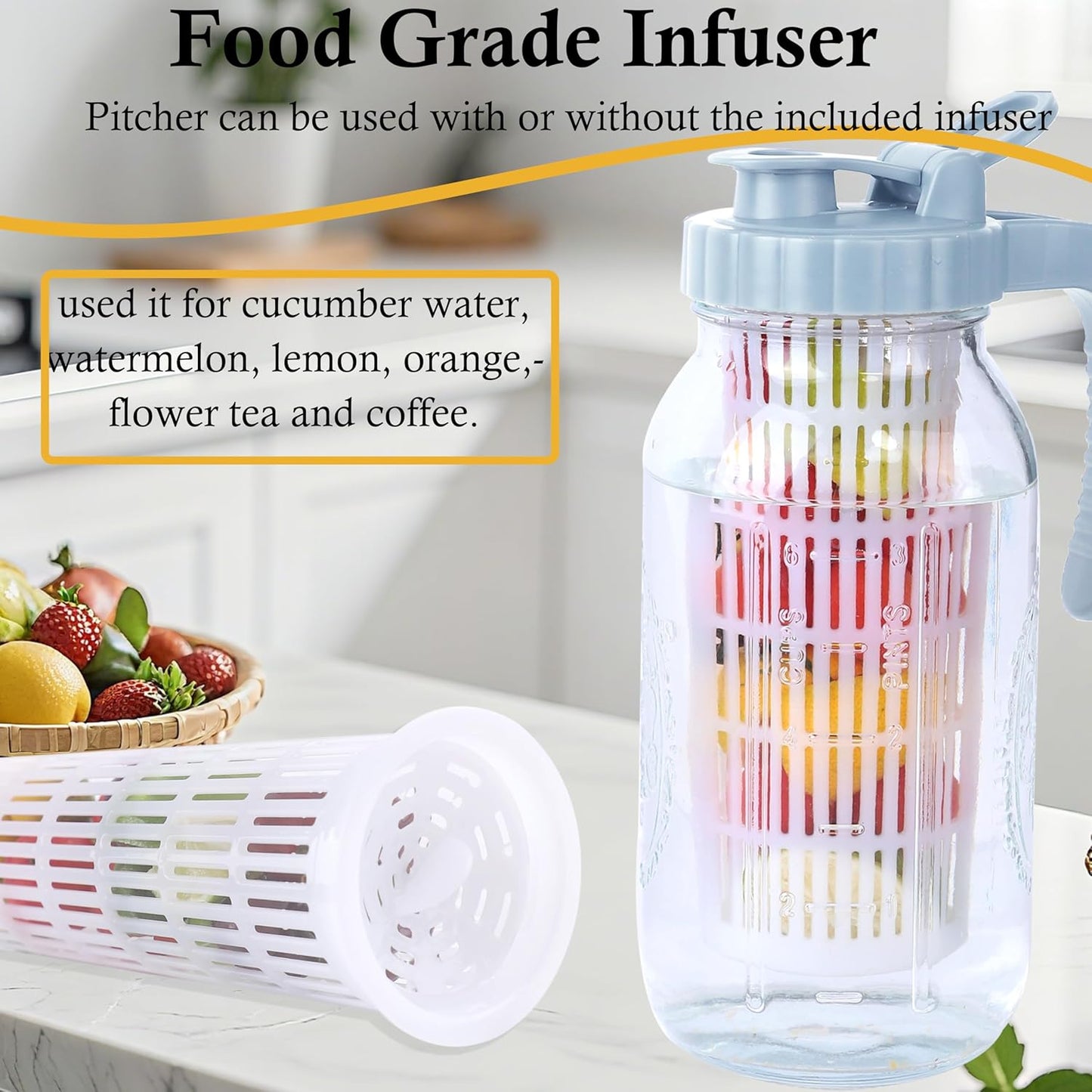 64 Oz Glass Pitcher With Infuser Lid Half Gallon Mason Ja Fruit Infused Cold Hot Water Pitcher 2 Quart Wide Mouth Sun Tea Jar For Outside For Fridge Lemonade, Beverage,Milk,Juice, Cold Brew Container
