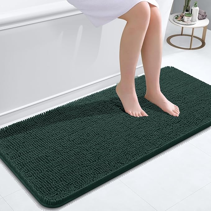 OLANLY Bathroom Rugs 47x20, Extra Soft Absorbent Chenille Bath Rugs, Rubber Backing Quick Dry, Machine Washable Bath Mats for Bathroom Floor, Tub and Shower, Home Decor Accessories, Blackish Green