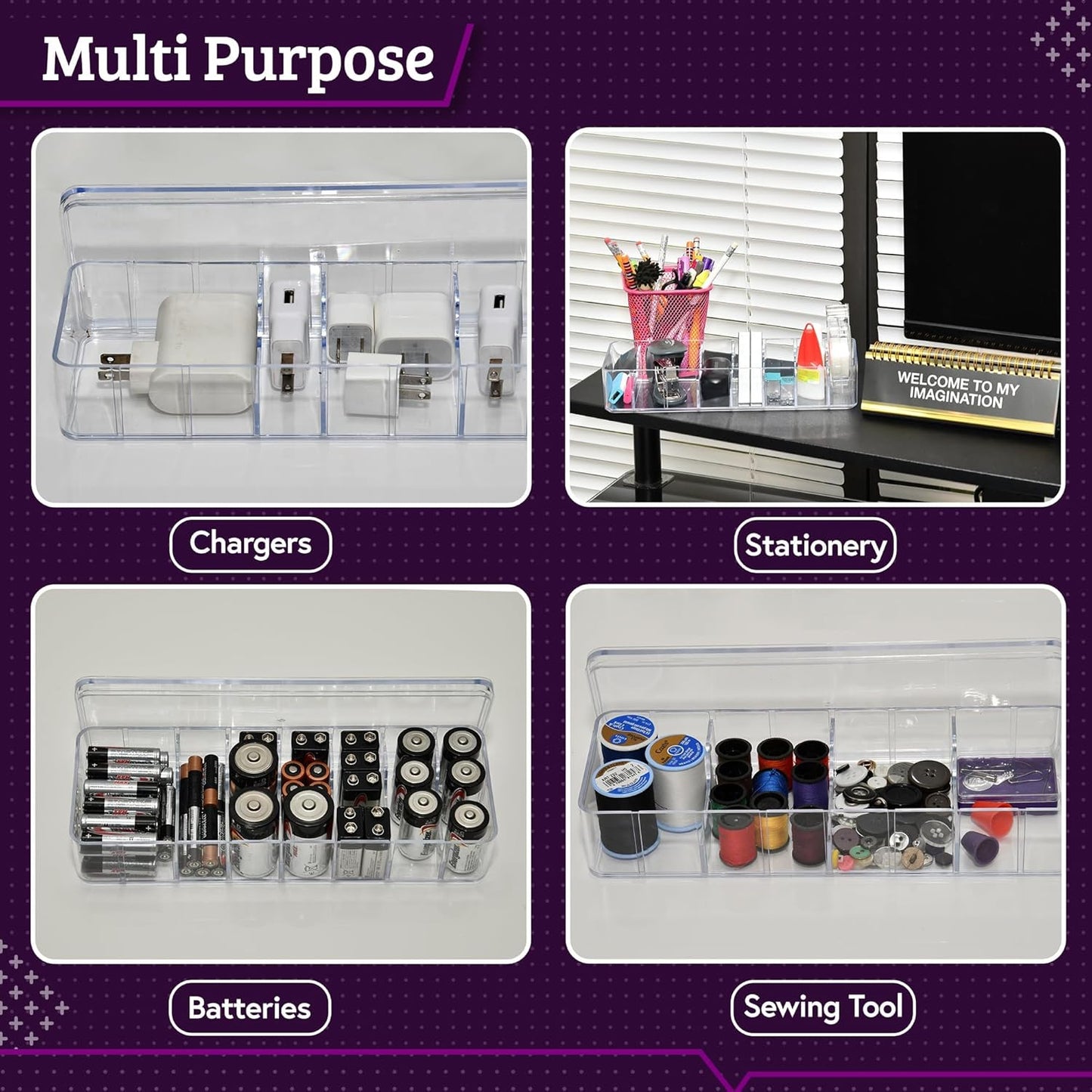 Set of 3 Cable Organizer Box W/Labels - Charger Box, Stackable W/Lids-Cord Organizer Junk Drawer- Cord Storage Box for Desk -Cable Organizer case