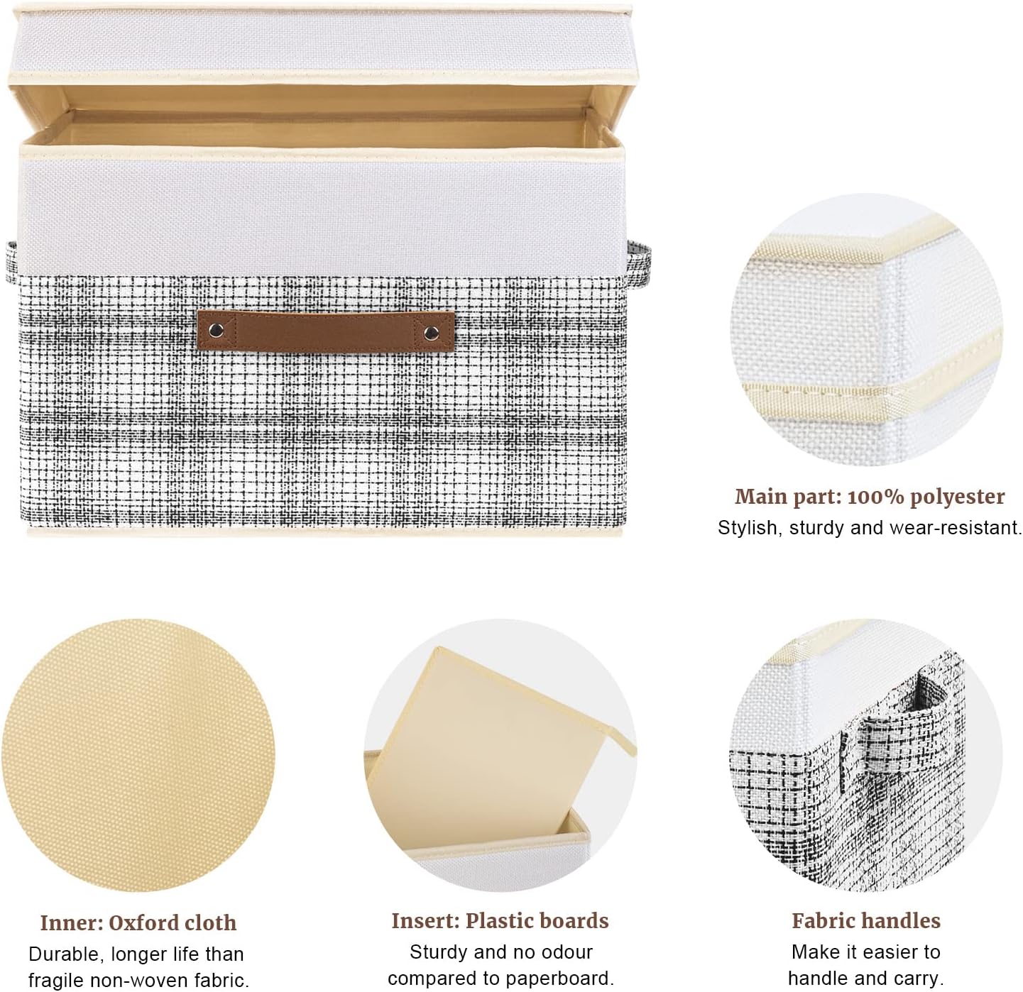 TYEERS Collapsible Storage Bins with Lids, Patchwork Design, Washable, Fabric Storage Boxes, 14.9x9.8x9.8 inches, 3 Pack, Gray