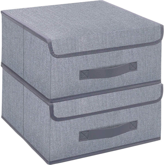 Onlyeasy Foldable Storage Bins Cubes Boxes with Lid - Storage Box Cube Cubby Basket Closet Organizer Pack of 2 with Leather Handles for Closet Bedroom, 13" x 13", Linen-like Grey, MXDLB2P