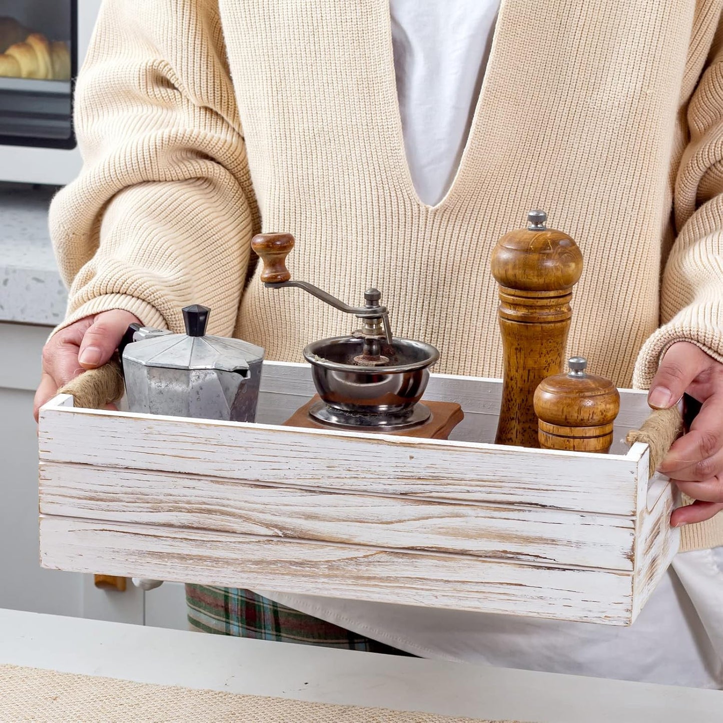 TIMRIS Rustic Wooden Toilet Paper Holder, Farmhouse Bathroom Decor, Toilet Tank Basket, Decorative Storage Container (Whitewash)