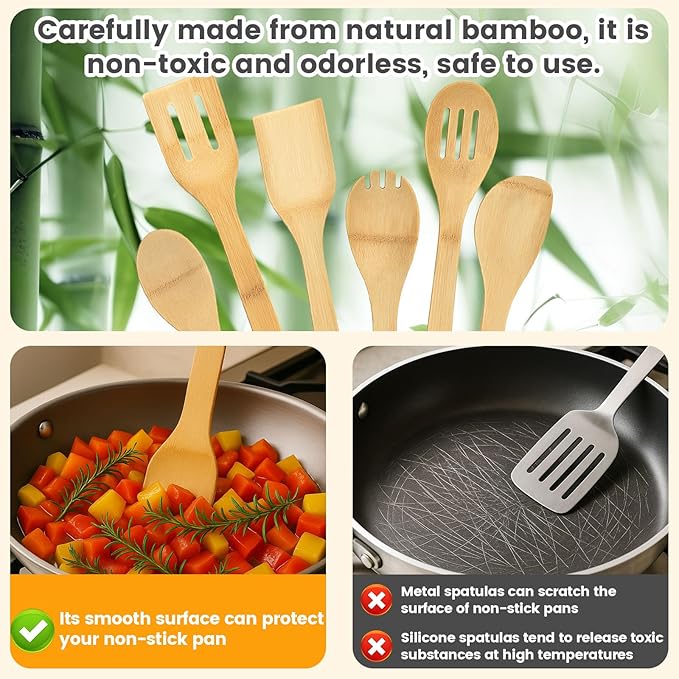 HAKSEN Bamboo Wooden Spoons for Cooking 6-Piece, Nonstick Bamboo Kitchen Utensils Set Wood Spatulas Spoons for Daily Use, Housewarming Gifts