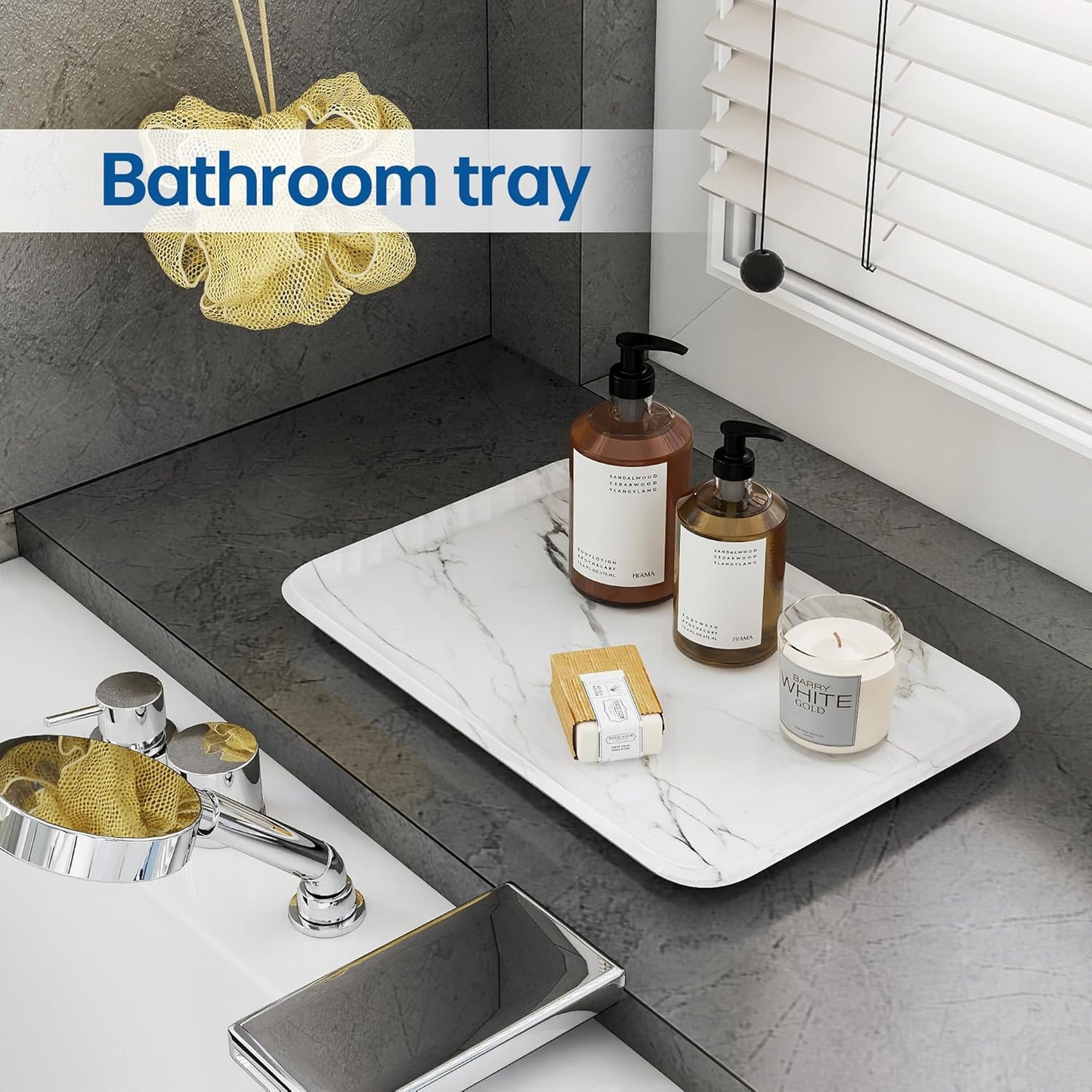 Vanity Decorative Glass Tray,12" x 8" White Marble Pattern Perfume Tray, Bathroom Tray Countertop Organizer for Soap Towel, Jewelry, Candle