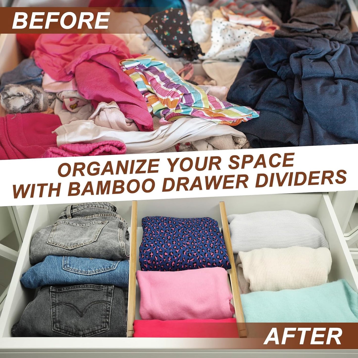 4 Pcs Deep Bamboo Drawer Dividers, Deep Kitchen Dresser Drawer Organizer with Spring Loaded for Clothes, Adjustable Expandable from 15-22 Inch(6 Inch,Wood Color)