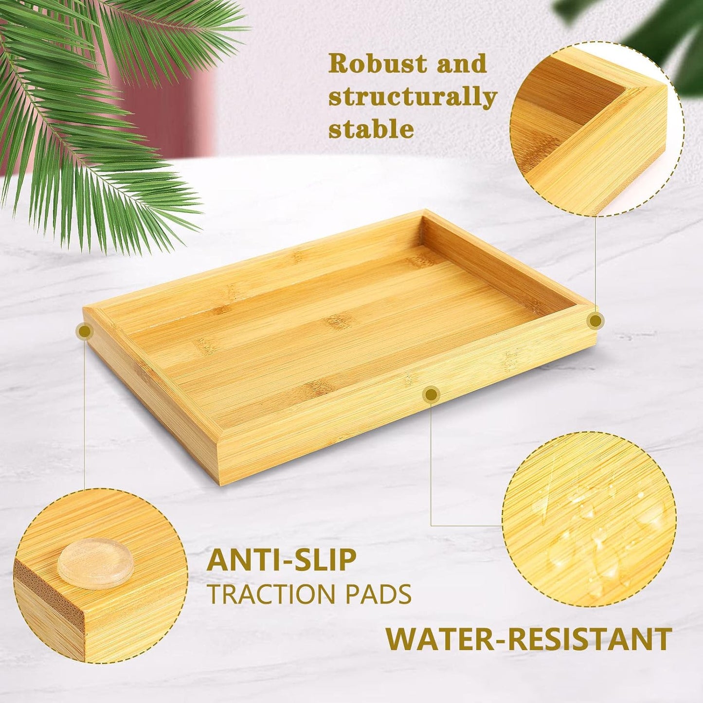 Natural Bamboo Vanity Tray, Sink Tray, Smooth and Thick Wooden Tray for Toilet Tank and Bathroom Counter Top, Kitchen Decor Wood Holder and SPA Home, 11.5x7.6x1.2 inches