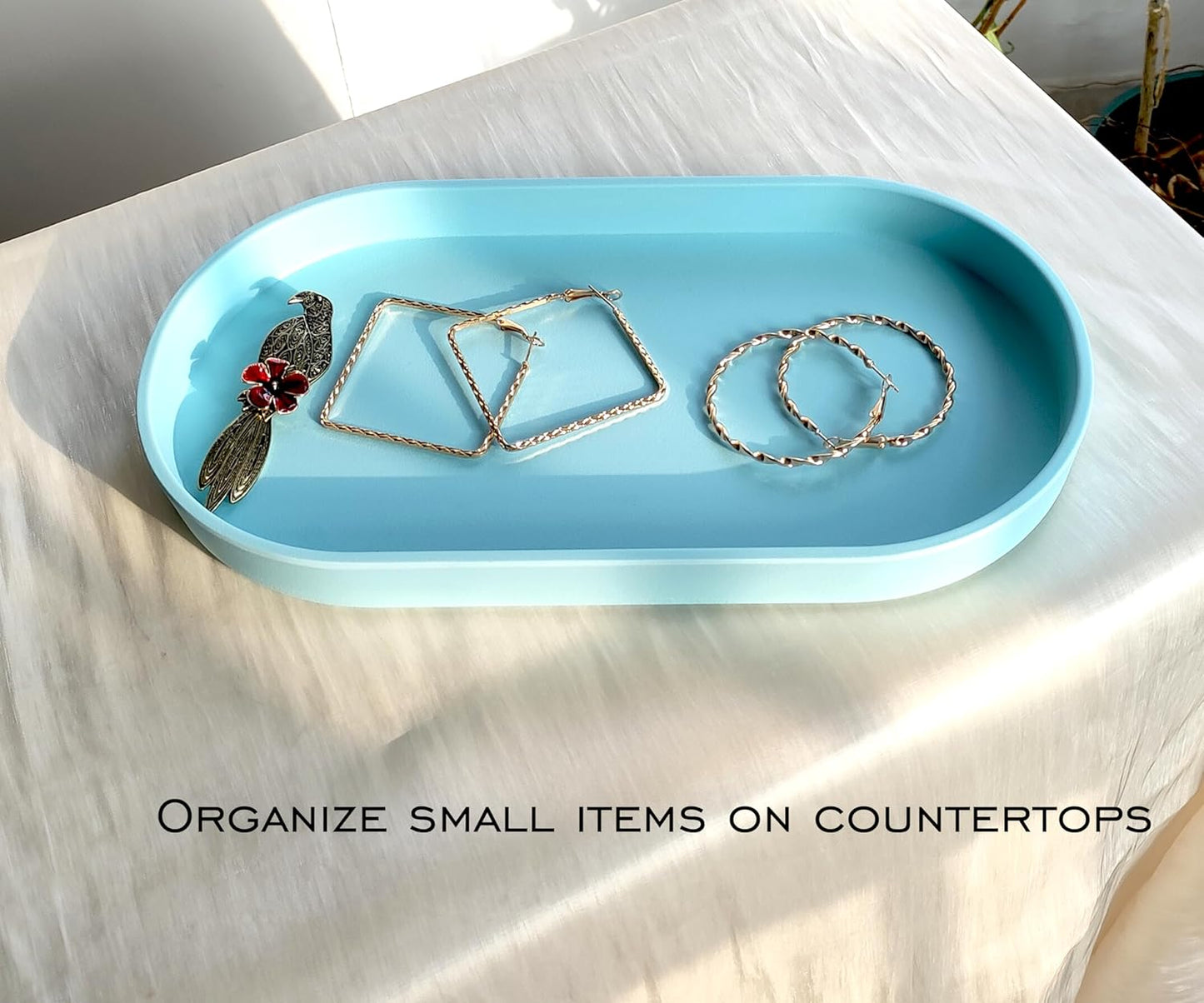 Blue Small Tray (10 inch), Oval Tray for Kitchen Counter, Bathtub Bathroom Vanity Items, Countertop Organizer, Coffee Accessory, Bar, Serving Seasoning, Salt and Pepper, Soap, Perfume.