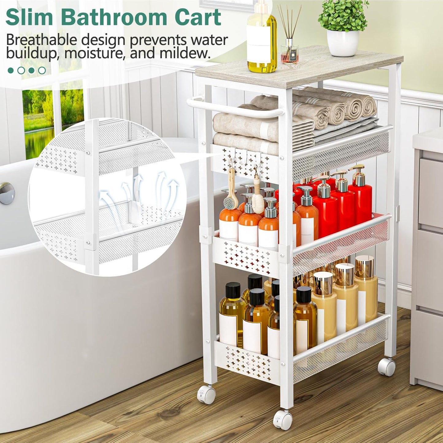 Utility Slim Storage Cart with Wheels, 4 Tier Small Rolling Cart with Wood Top, Metal Kitchen Bathroom Laundry Room Organization Trolley with Handle for Narrow Space - White