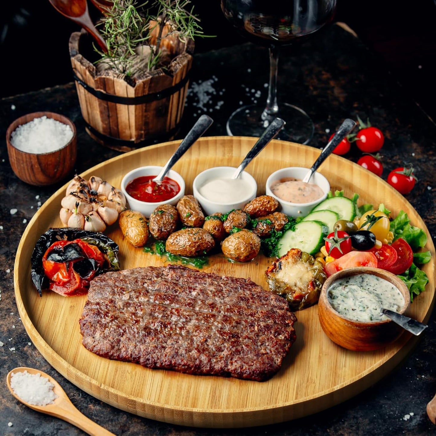 Premium Bamboo Round Tray - Natural Multipurpose Wood Serving Platter for Grilling, BBQ, Tea, Coffee & Ottoman Decor - 12"