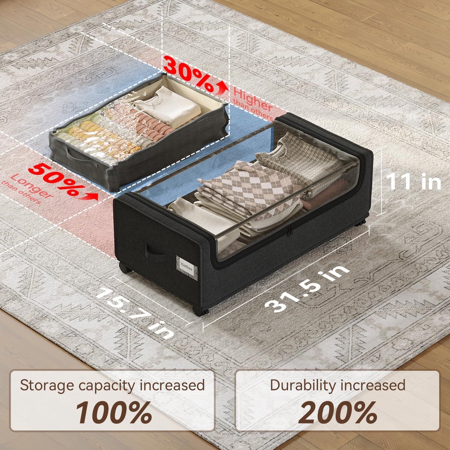 Under Bed Storage With Wheels, Tall Under The Bed Storage Containers With Lids, Underbed Shoe Storage Organizer, Metal Frame, Large Size, 90L