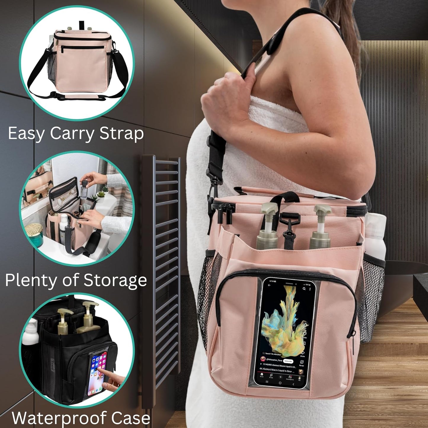 XL Portable Shower Caddy Bag for Girls with Extra Storage, Durable Mesh Bottom, Shoulder Strap, Keychain Holder Shower Caddy Case for College Dorms - Travel Vacation Essentials (Blush Pink)