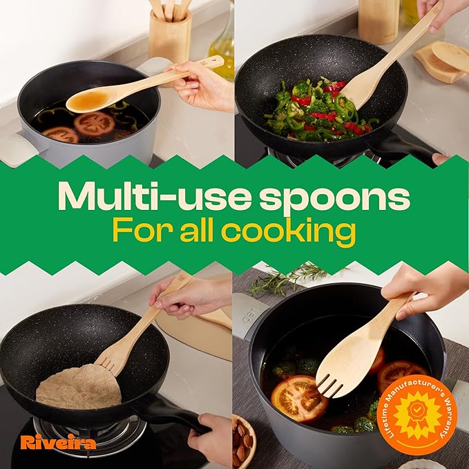 Riveira Maple Wooden Cooking Utensils Set of 9 Premium Quality Non-Toxic Wooden Spoons & Spatulas for Cooking, Stirring, Serving & Flipping