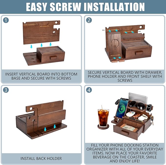 Wood Phone Docking Station with Drawer, Compatible with Apple Watch - Wood Charging Station Organizer Stand, Bedside Nightstand Organizer for Men, Holds Phone, Tablet, Keys, Glasses, EDC