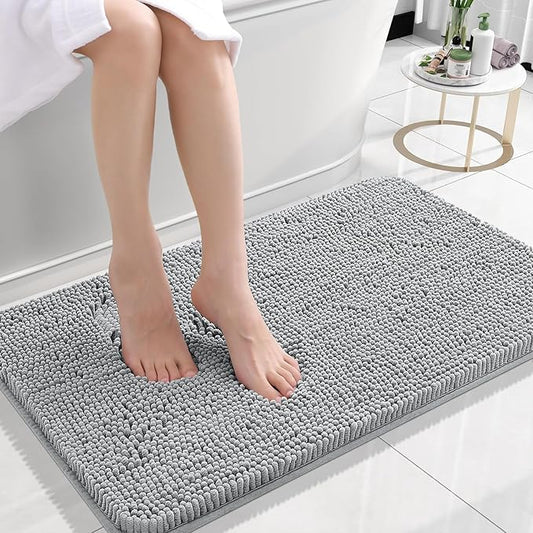 OLANLY Bathroom Rugs 24x16, Extra Soft Absorbent Chenille Bath Rugs, Rubber Backing Quick Dry, Machine Washable Bath Mats for Bathroom Floor, Tub and Shower, Home Decor Accessories, Light Grey