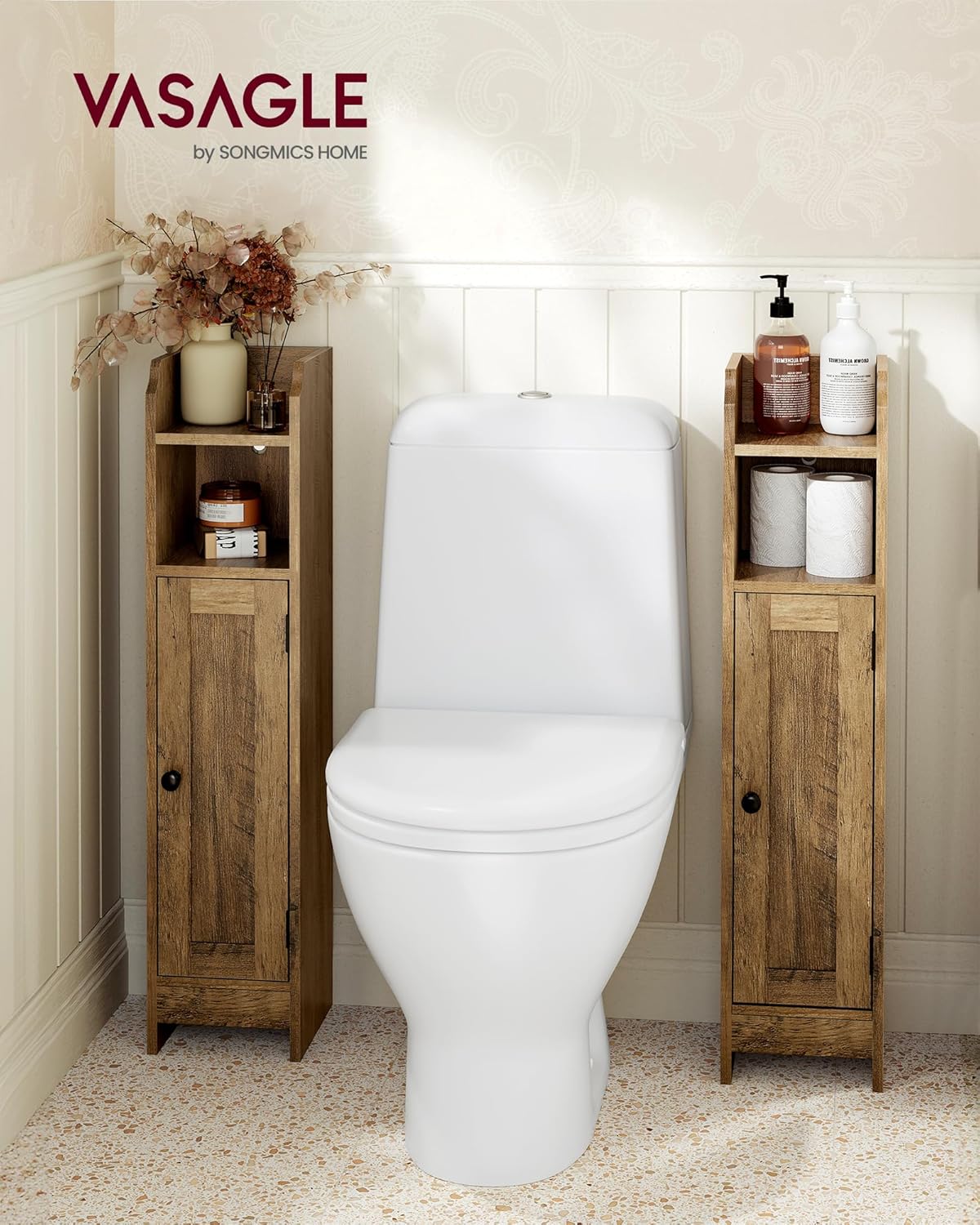 VASAGLE Small Storage Corner Floor Cabinet with Door, 7.9 x 7.1 x 31.5 Inches, Narrow Toilet Paper Storage Holder, Adjustable Shelves, for Bathroom, Living Room, Small Spaces, Honey Brown UBBK310K01