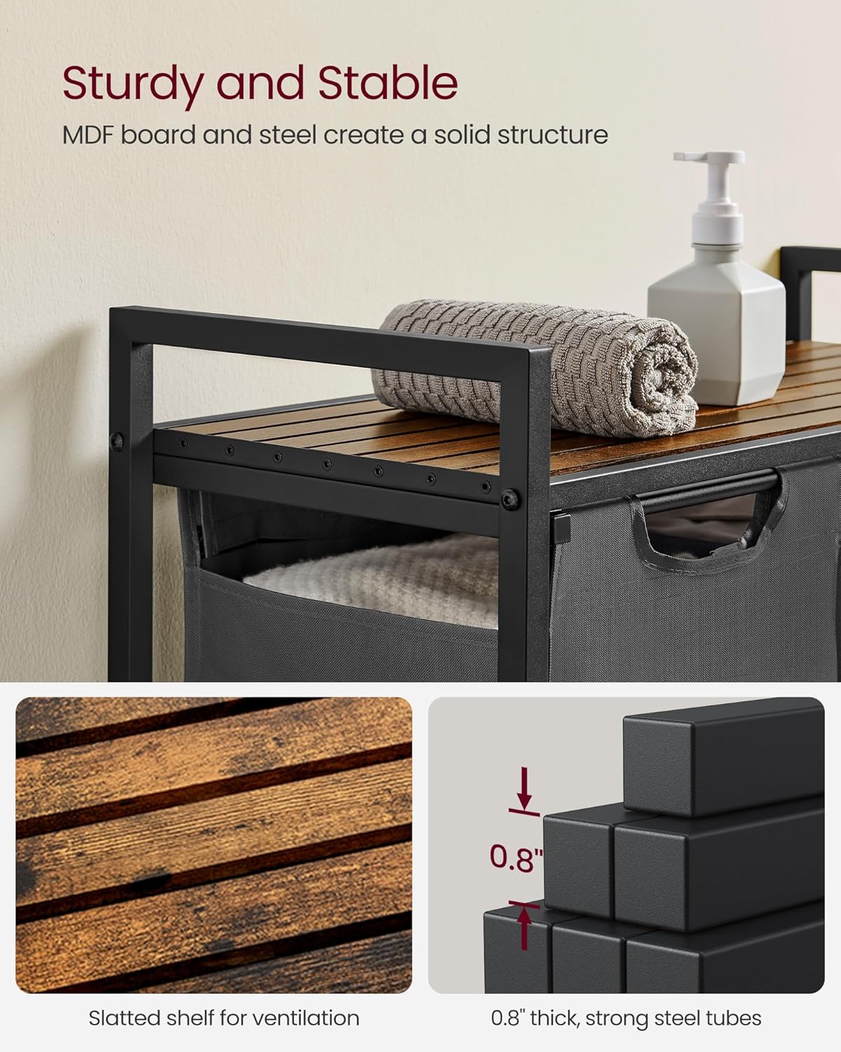 VASAGLE Laundry Hamper, Laundry Basket, Laundry Sorter with 2 Pull-Out and Removable Bags, Shelf, Metal Frame, 2 x 12.1 Gallons (46 L), 28.8 x 13 x 28.4 Inches, Slate Gray and Rustic Brown UBLH201G01