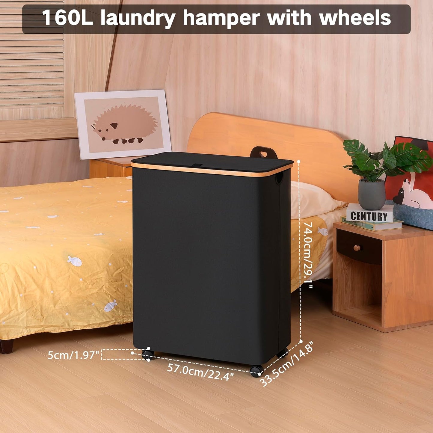 Lagre Laundry Basket with Wheels, Laundry Hamper with Lid, 160L Clothes Hamper for Laundry with 3 Liner Bags, for Laundry Room, Bedroom, Dormitory Organization,Black
