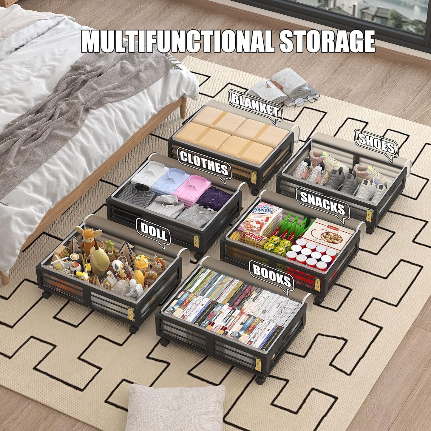 Under Bed Storage Containers with Wheels, Larger Bamboo Wood Under Furniture Storage Containers with Dust Bags，Rolling for Shoes Clothes