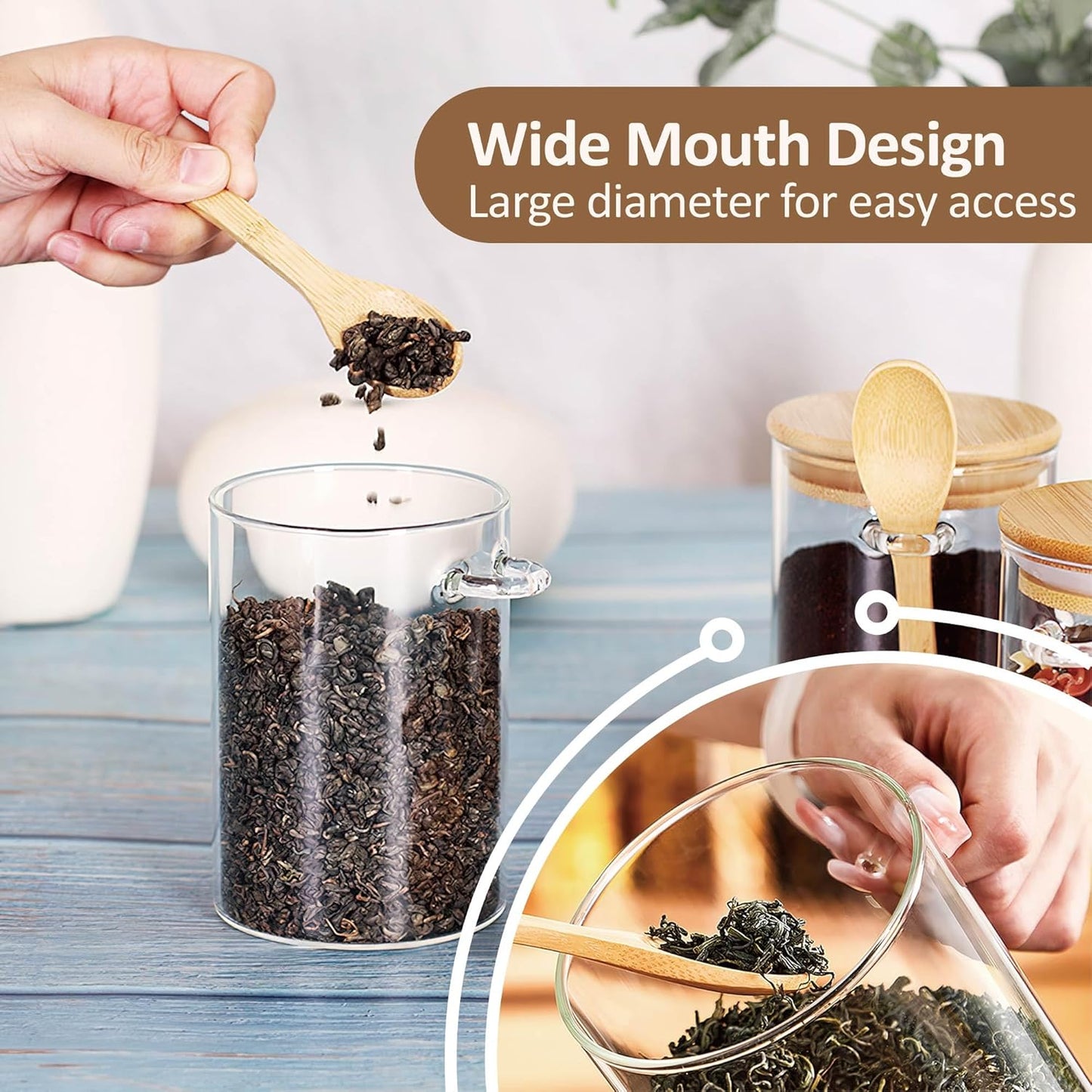 15 oz/450 ml Glass Storage Canister with with Airtight Lid, Cute Clear Decorative Container Jar with Wooden Spoon for Coffee Spice Candy Salt Cookie Condiment Sugar Matcha Tea Overnight Oats