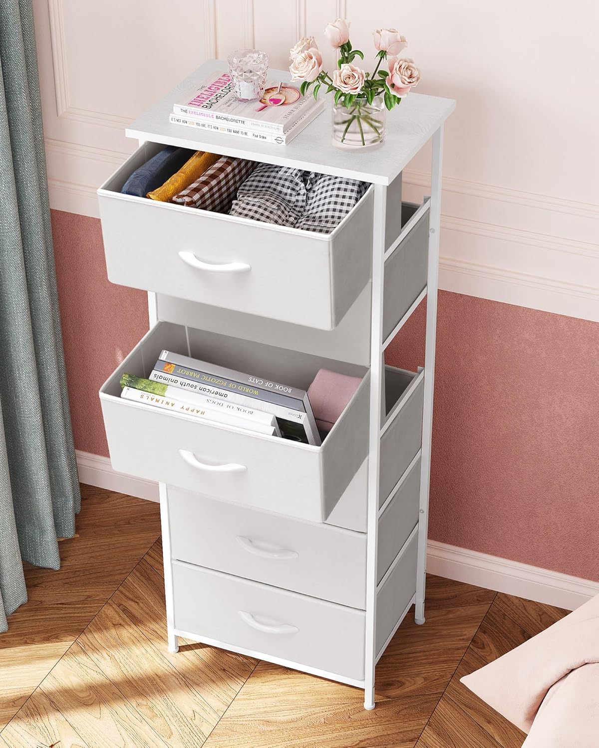 Crestlive Products Tall Dresser for Bedroom Vertical Storage Tower - Sturdy Steel Frame, Wood Top, Easy Pull Fabric Bins, Handles - Organizer Unit for Hallway, Entryway, Closets - 6 Drawers (White)