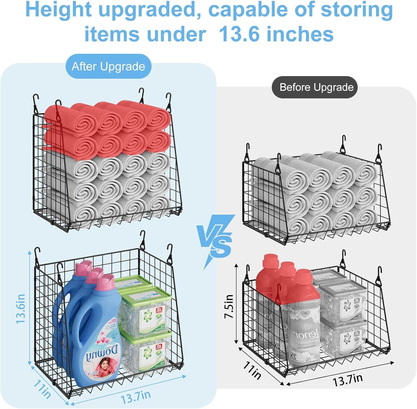 3-Pack Extra-Tall 13.6'' Hanging Laundry Basket Organizer, Foldable Wire Shelf with 360° Rotating Hooks & Reinforced Height - Durable Space-Saving Laundry Room & Closet Organizer, White Patent