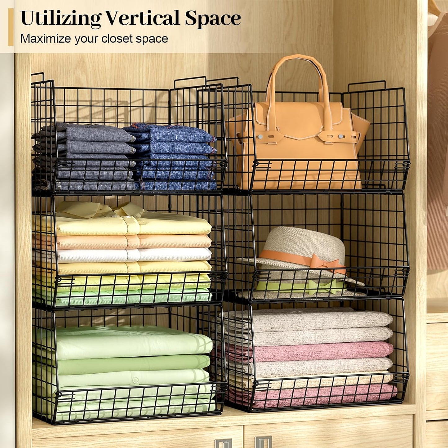 4-Tier Stackable Closet Organizers and Storage Shelves, Foldable Closet Shelf Organizer System, Space-Saving Clothes Storage Drawer Organizer Basket Bins, Black